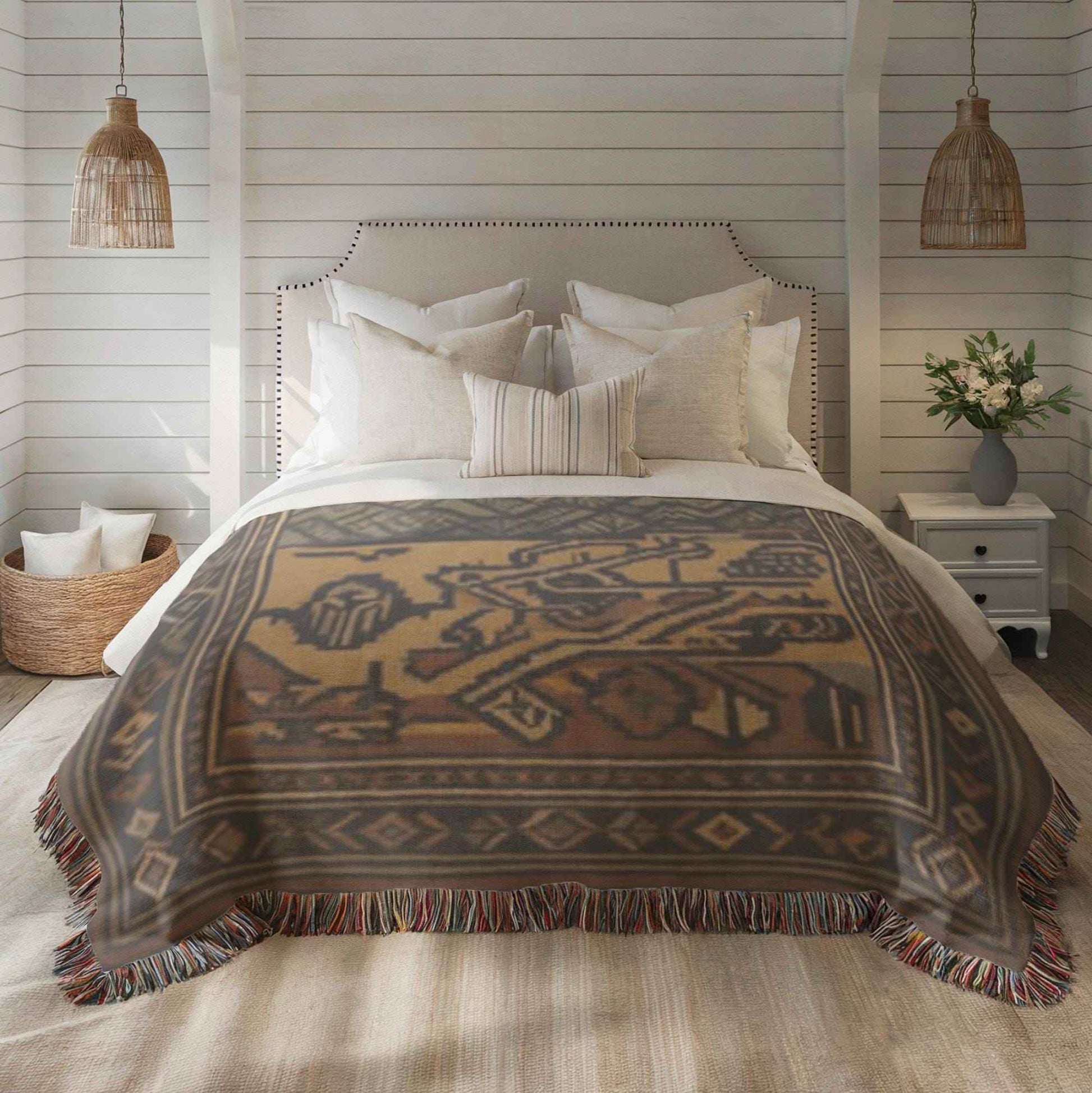 Armenian Throw Blanket – Annunciation Tapestry Cotton Decorative Throw with Mount Ararat Design - timelessbohochic.com