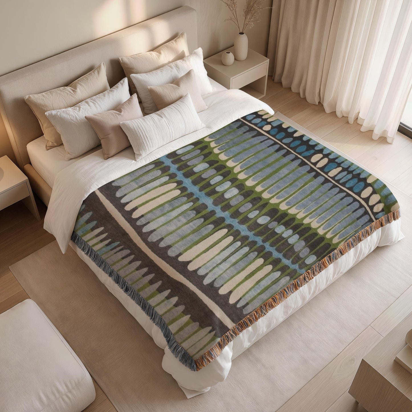 Modern Geometric woven blanket with geometric pattern styled for layered home decor
