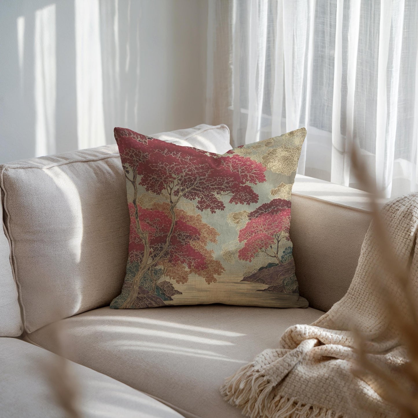 Modern Geometric throw pillow with geometric pattern styled on a sofa or bed