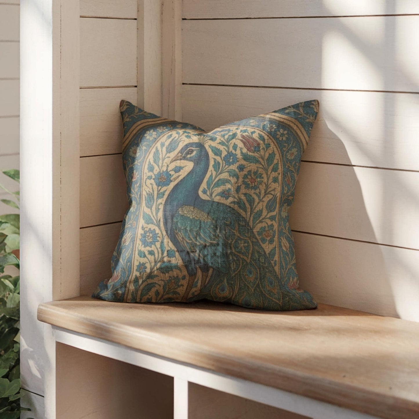 Modern Geometric throw pillow with geometric pattern styled on a sofa or bed