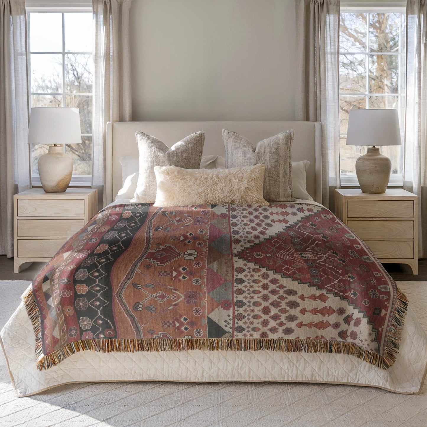 Southwestern woven blanket with geometric pattern styled for layered home decor