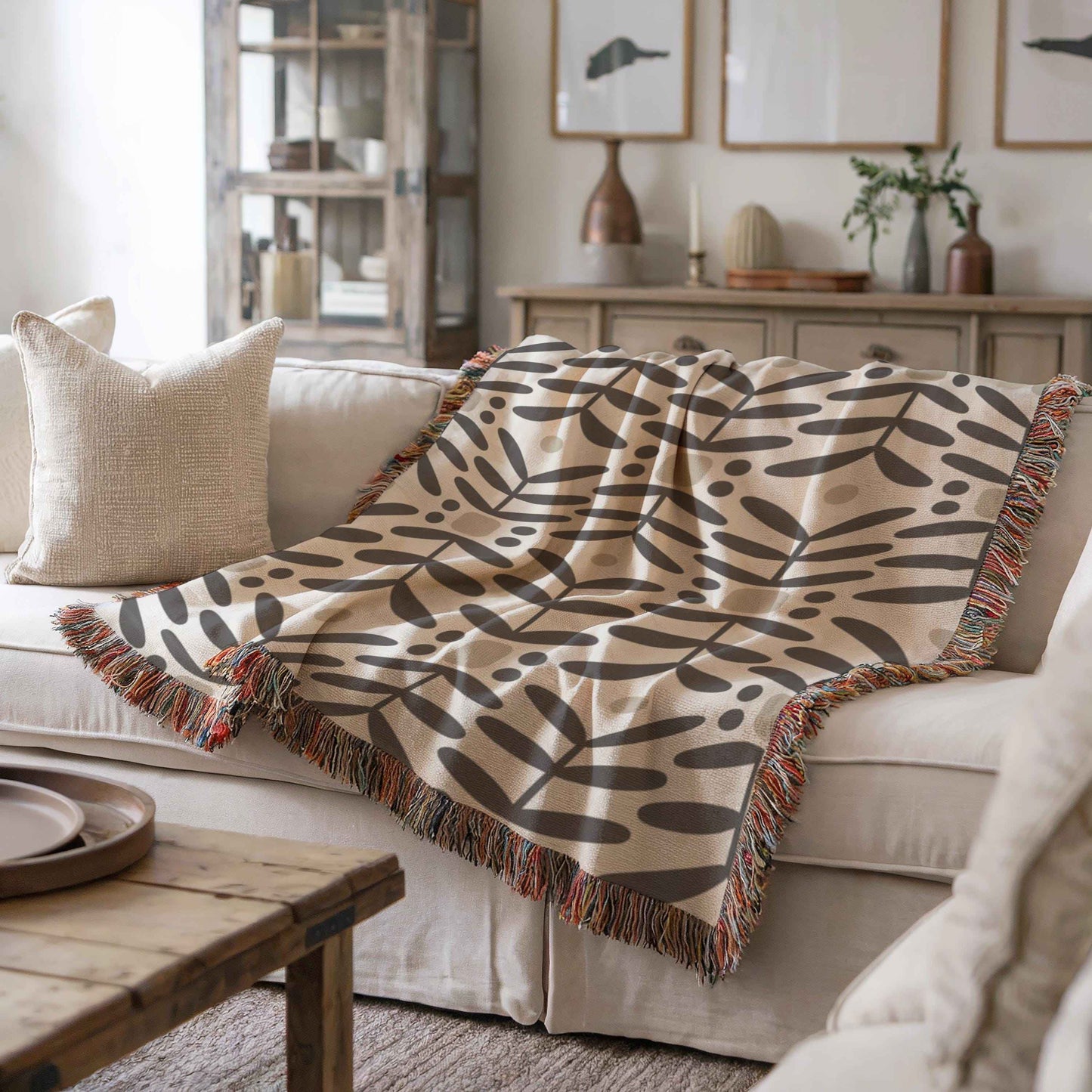 Scandinavian Inspired woven blanket with woven pattern styled for layered home decor