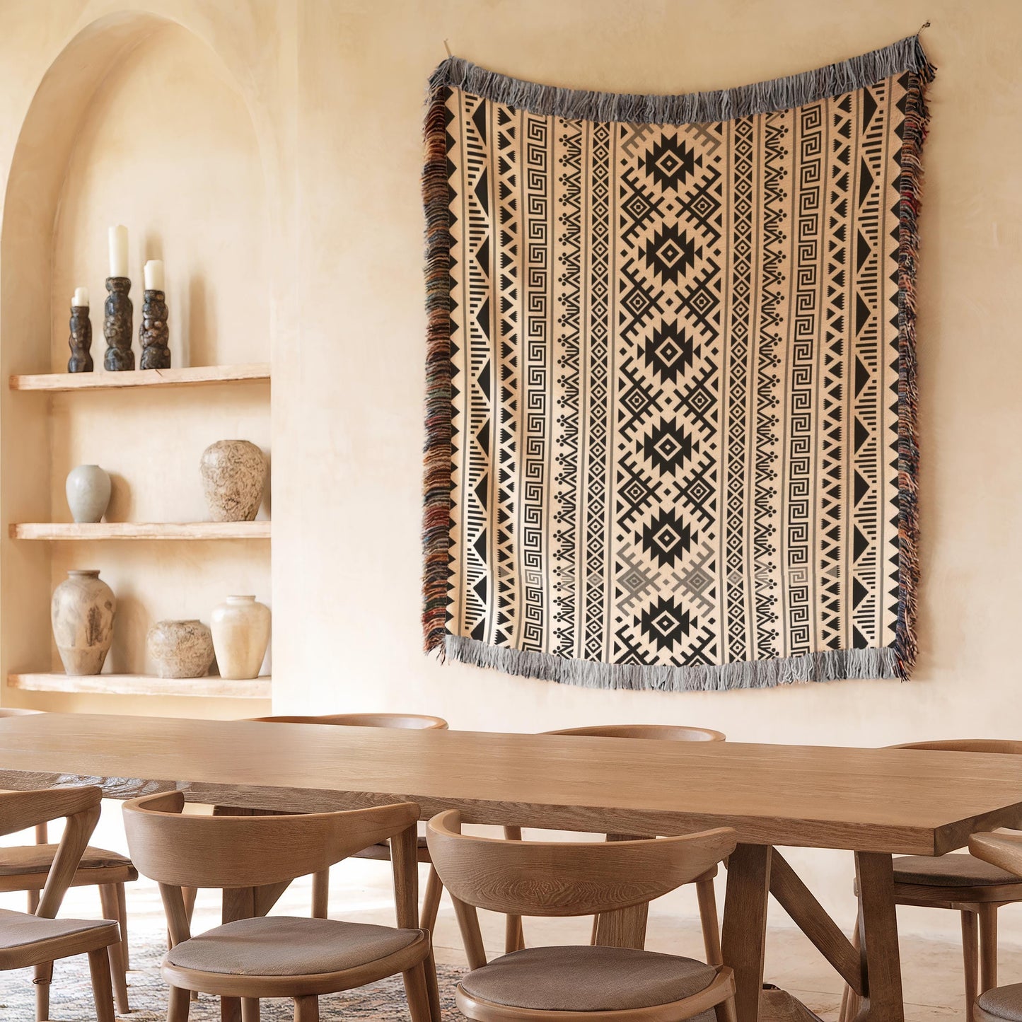 Southwestern woven wall tapestry with geometric pattern styled as textile wall decor