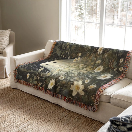 Ghost Throw Blanket – Boho Cottage Floral Design With Decorative Fringed Edges