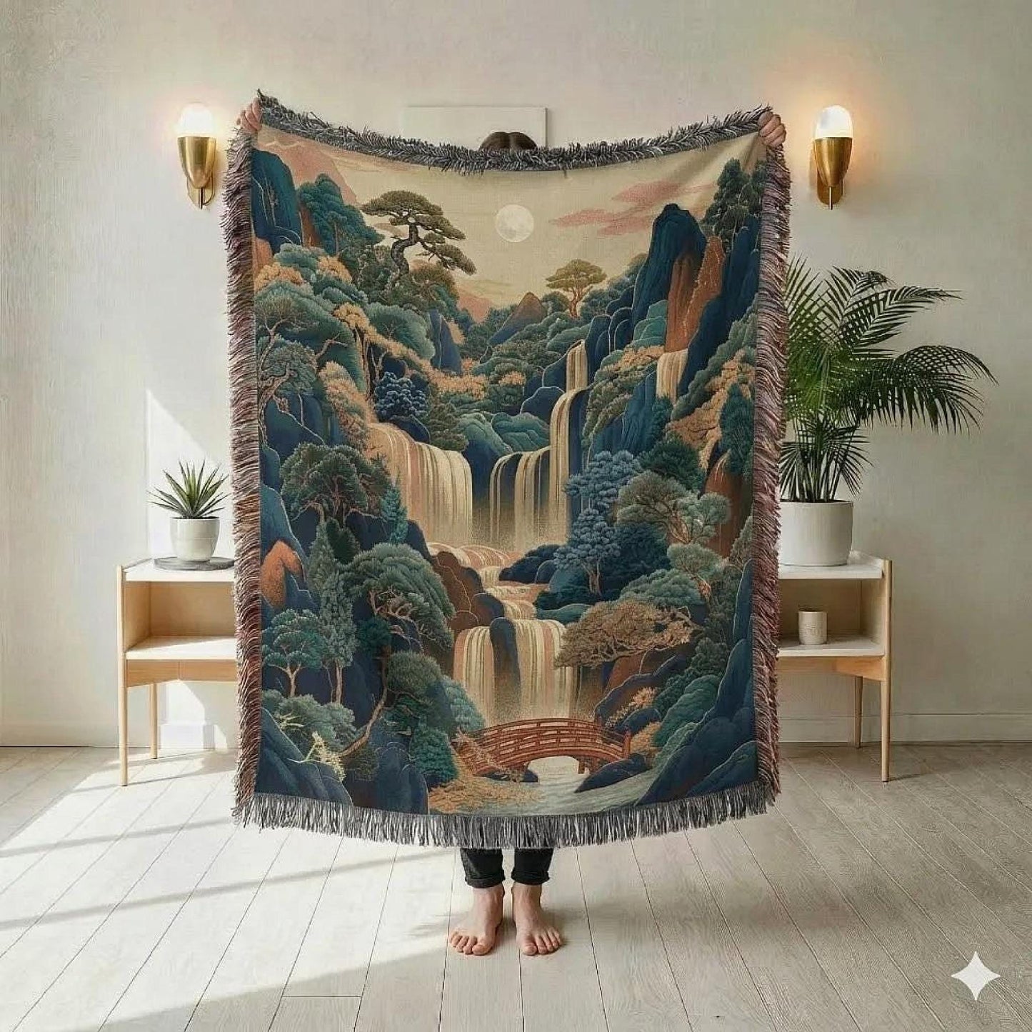 Boho woven blanket with woven pattern styled for layered home decor