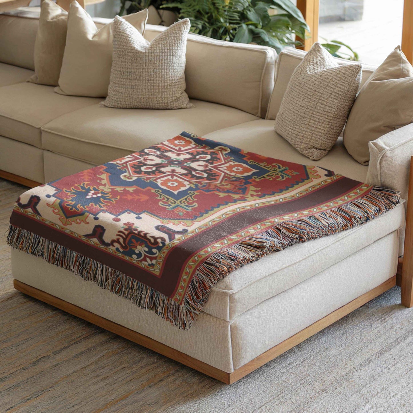 Anatolian Inspired woven wall tapestry with rug-style pattern styled as textile wall decor