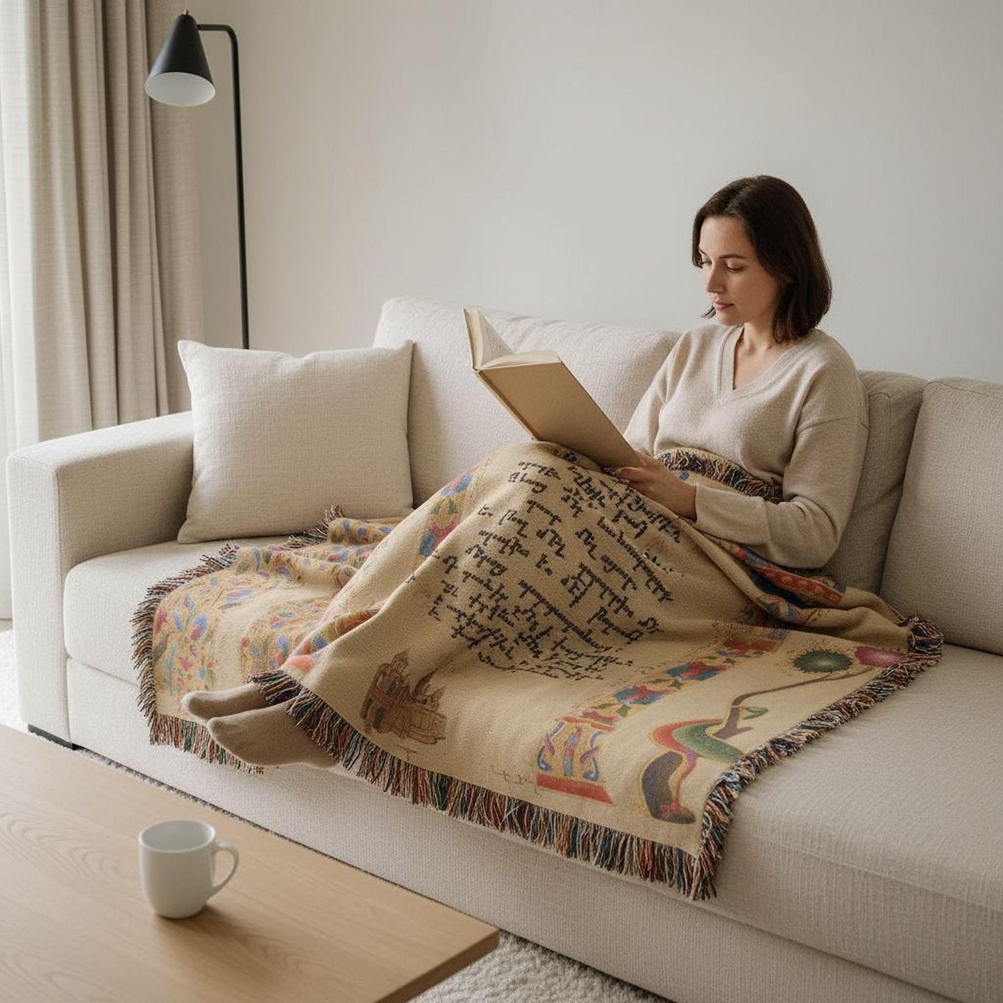 Boho woven blanket with woven pattern styled for layered home decor