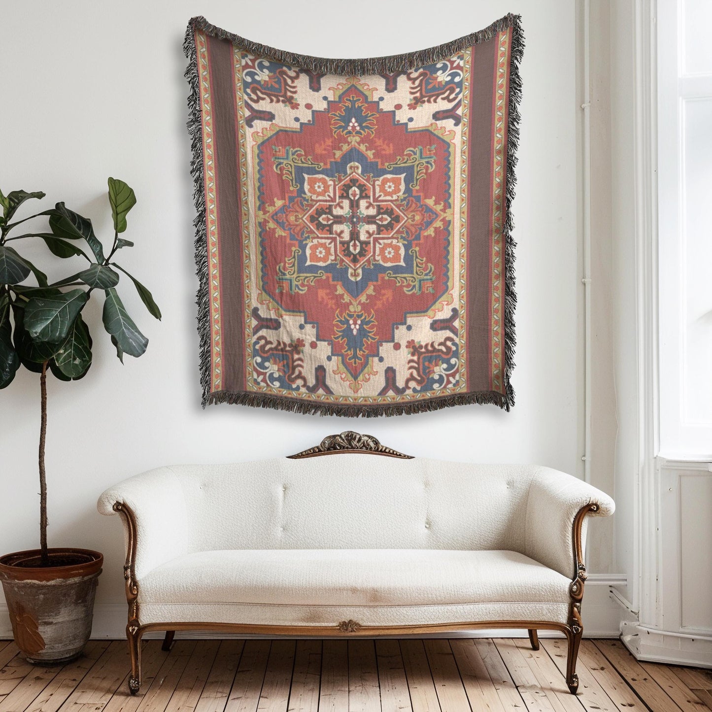 Moroccan Inspired woven blanket with rug-style pattern styled for layered home decor