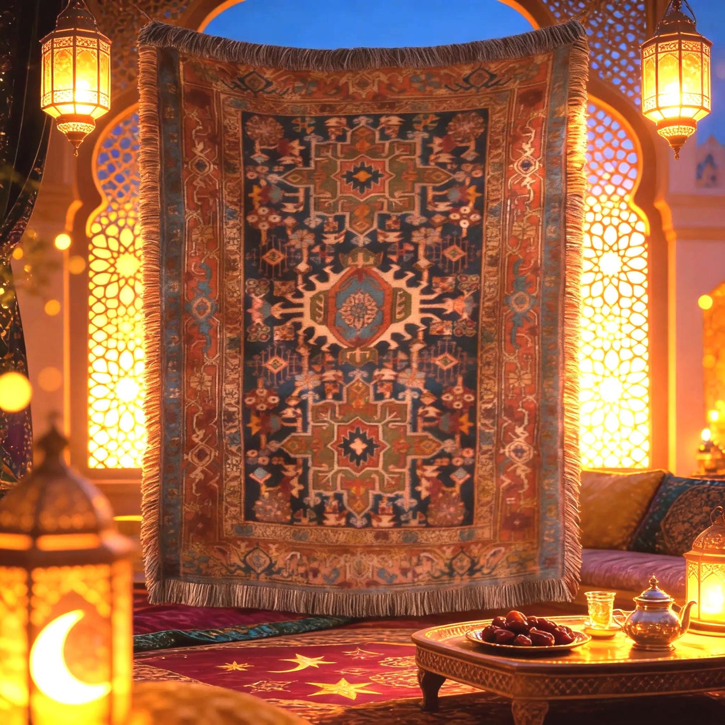Anatolian Inspired woven wall tapestry with rug-style pattern styled as textile wall decor