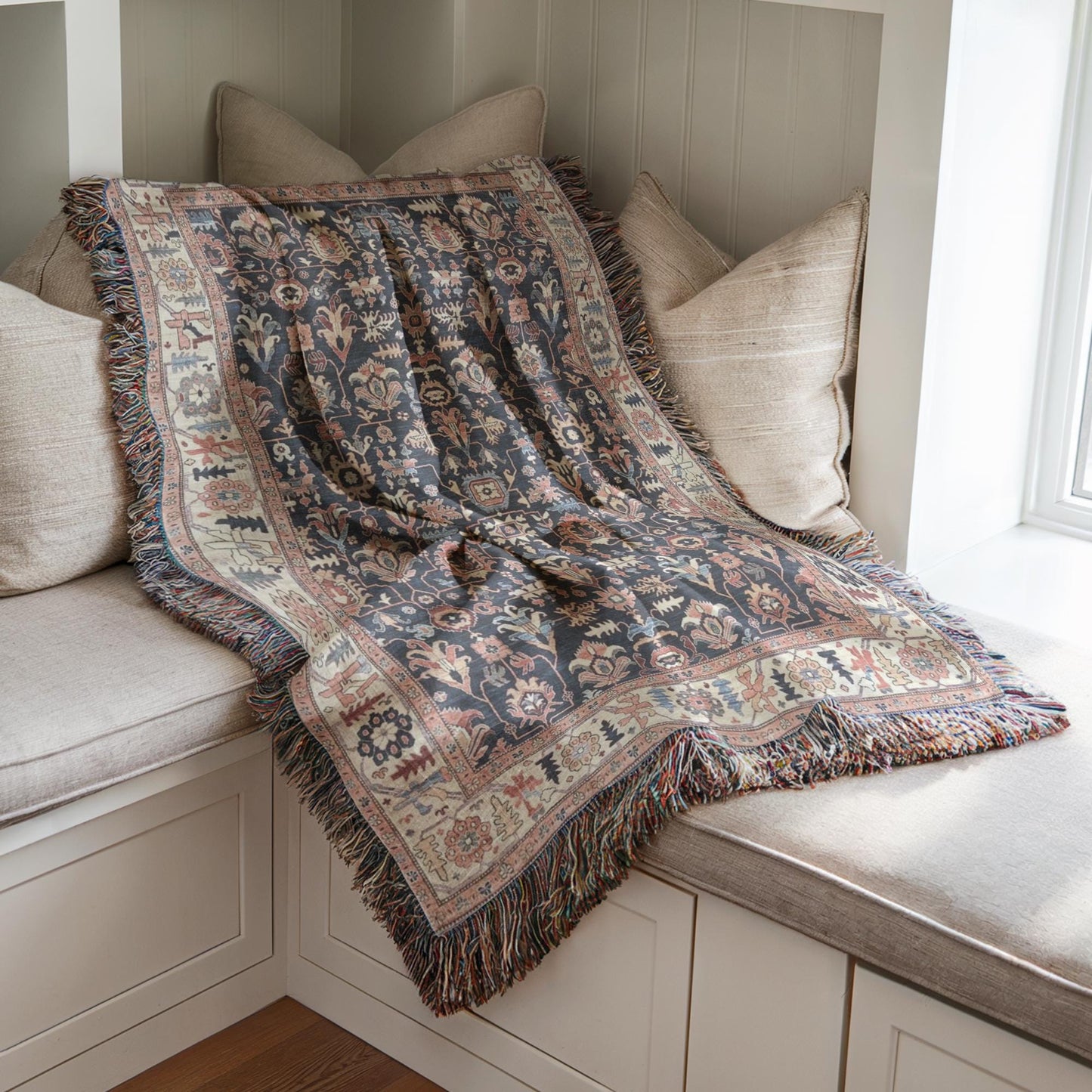 Anatolian Inspired woven blanket with geometric pattern styled for layered home decor