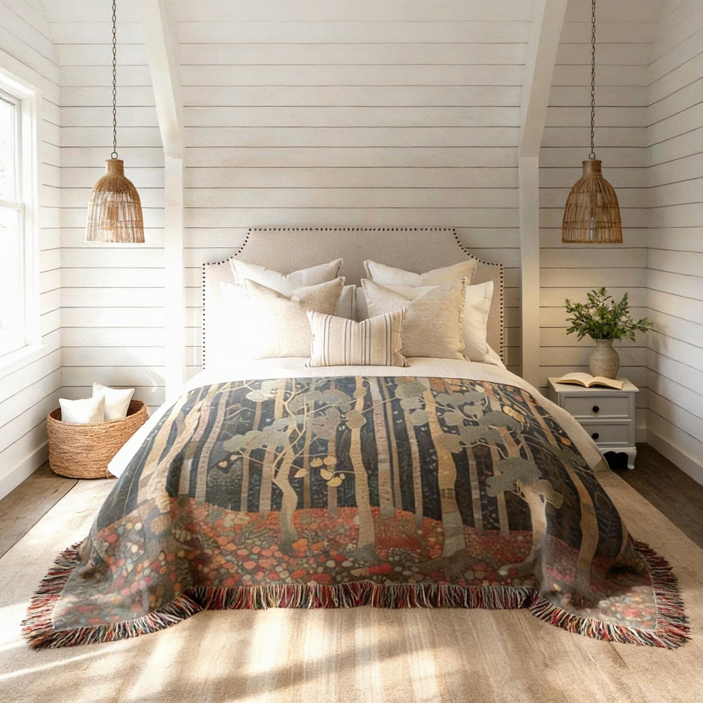 Scandinavian Inspired woven blanket with rug-style pattern styled for layered home decor