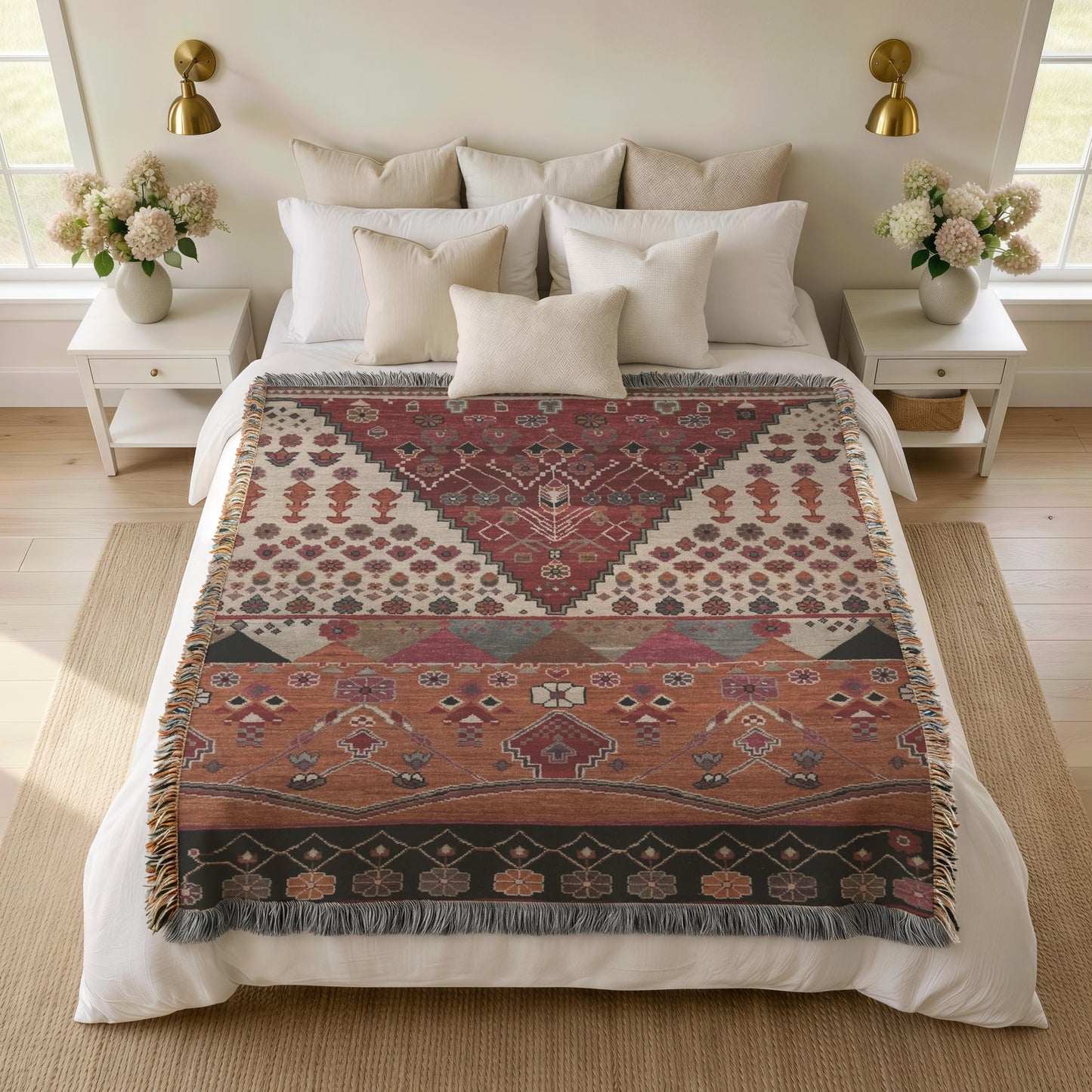 Southwestern woven blanket with geometric pattern styled for layered home decor