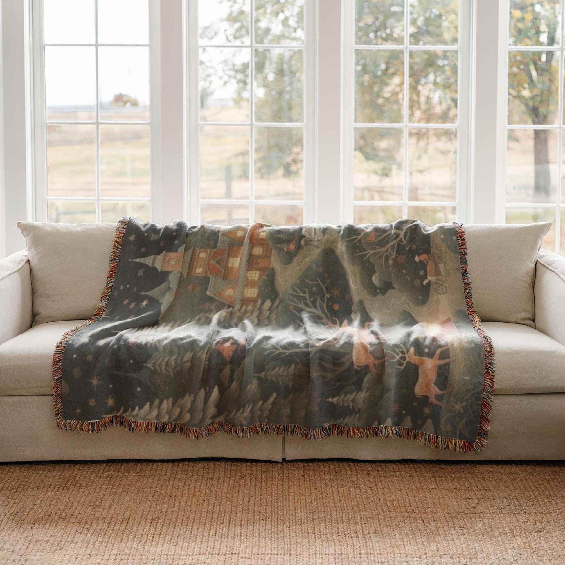 Festive Woven Blanket – Christmas Tree Tapestry With Reindeer & Magical Castle Throw - timelessbohochic.com