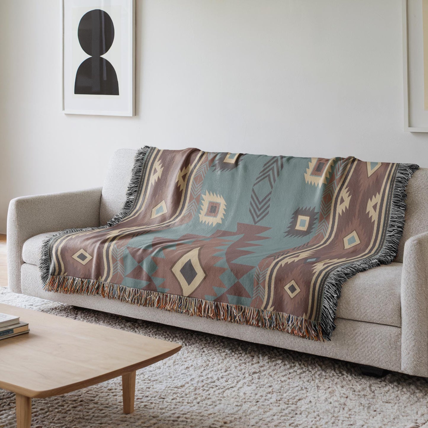 Southwestern woven blanket with geometric pattern styled for layered home decor