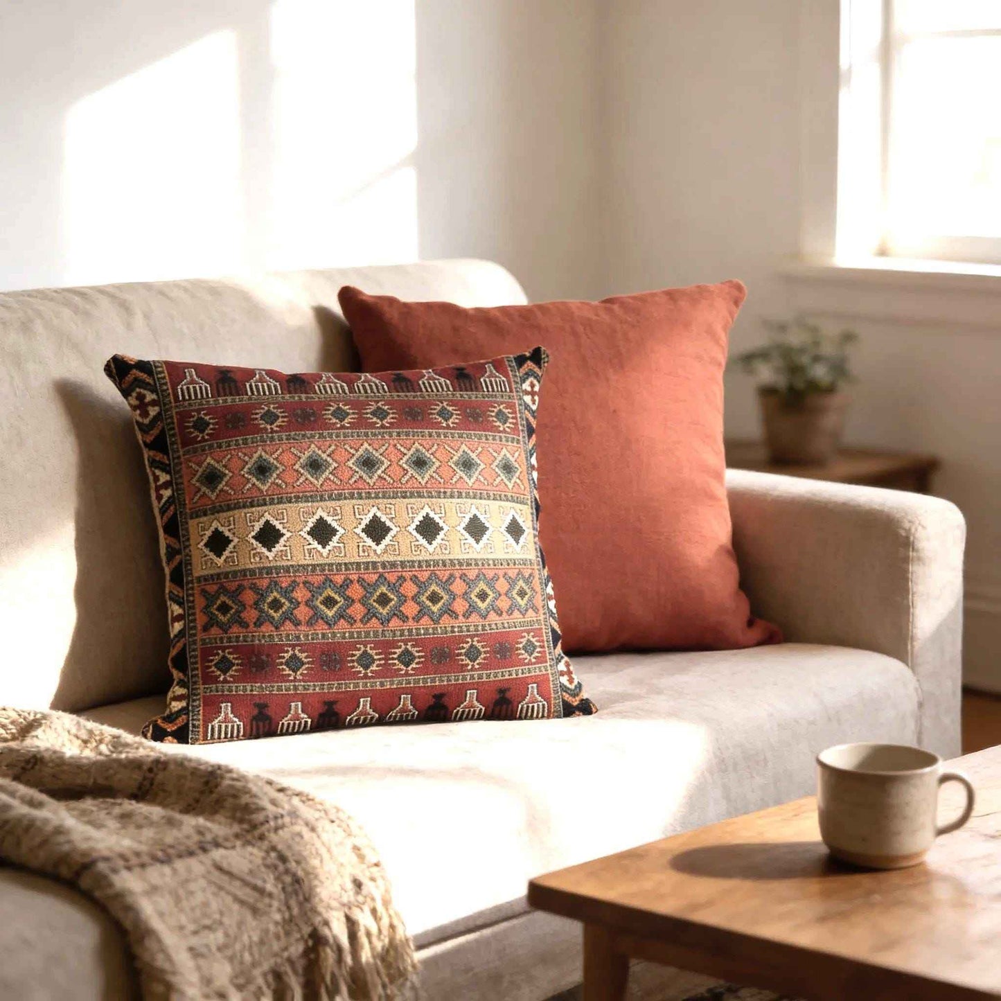 Anatolian Inspired pillow cover with rug-style pattern styled on a sofa or bed
