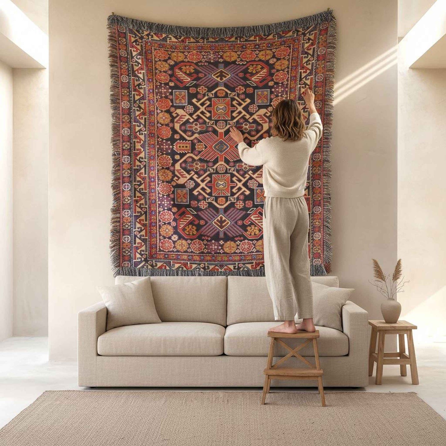 Anatolian Inspired woven wall tapestry with rug-style pattern styled as textile wall decor