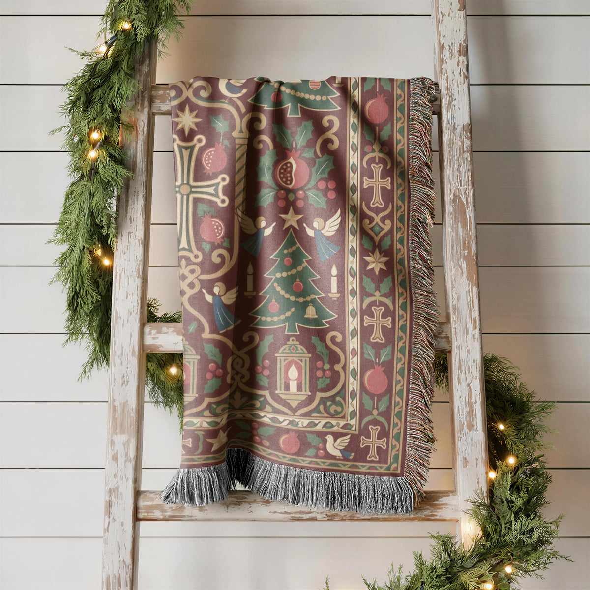 Armenian cross and Christmas tree woven blanket displayed on a wooden ladder against a white wall with greenery
