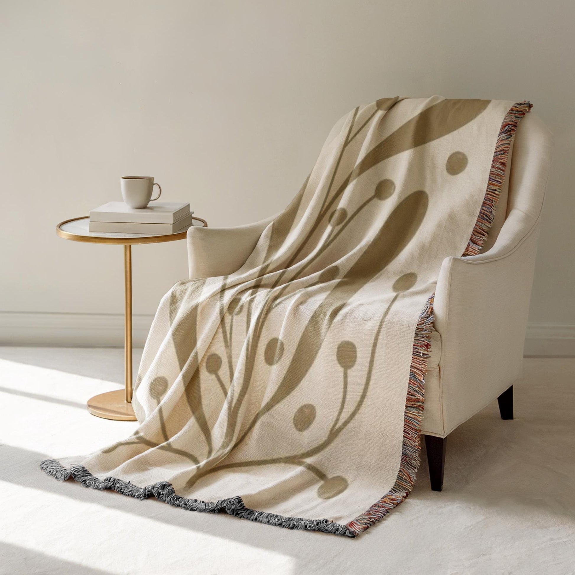 Mid Century Modern Throw - Woven Cotton Blanket with Botanical Pattern | Cozy Scandi Design