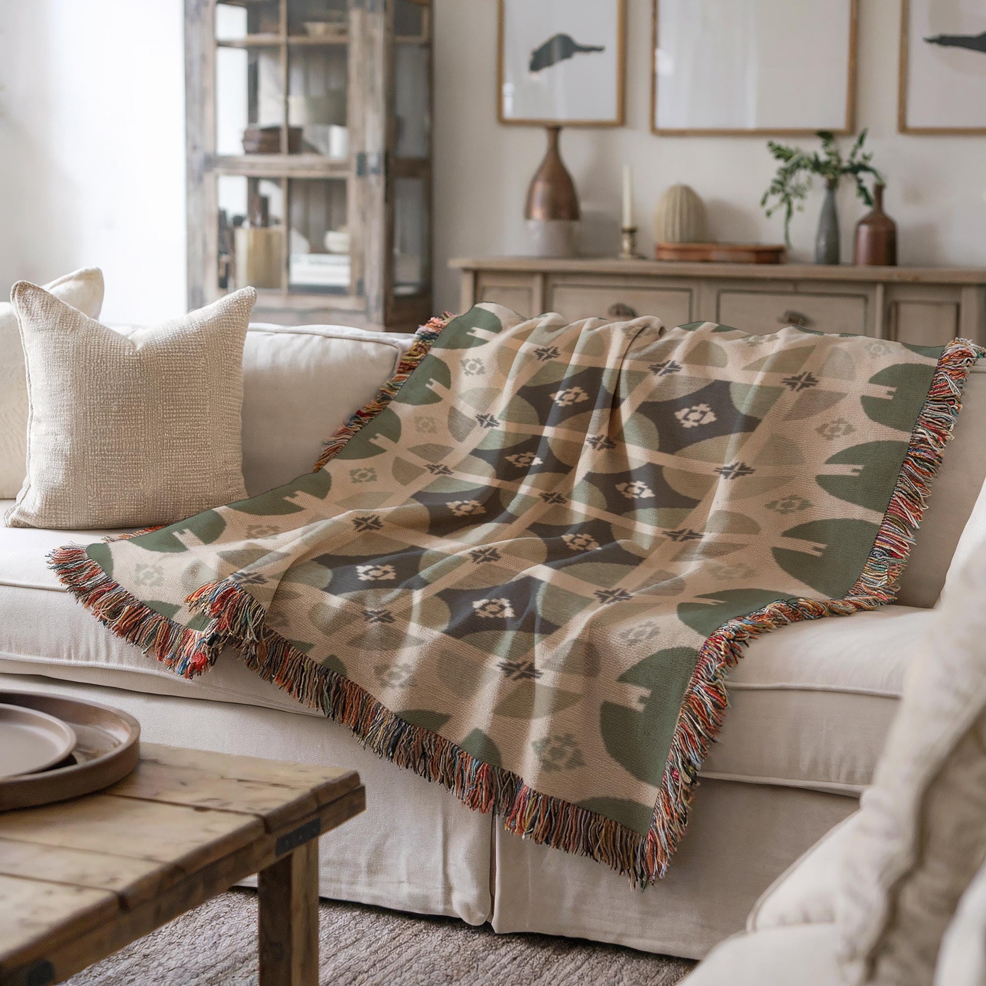 Woven Cotton Blanket – Sage Green Throw | Modern Home Decor, Geometric Design