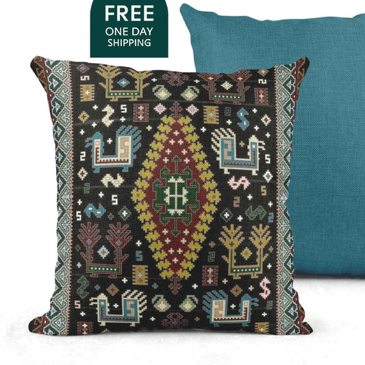 Southwestern throw pillow with geometric pattern styled on a sofa or bed