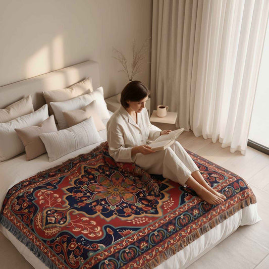 Anatolian Inspired woven blanket with rug-style pattern styled for layered home decor