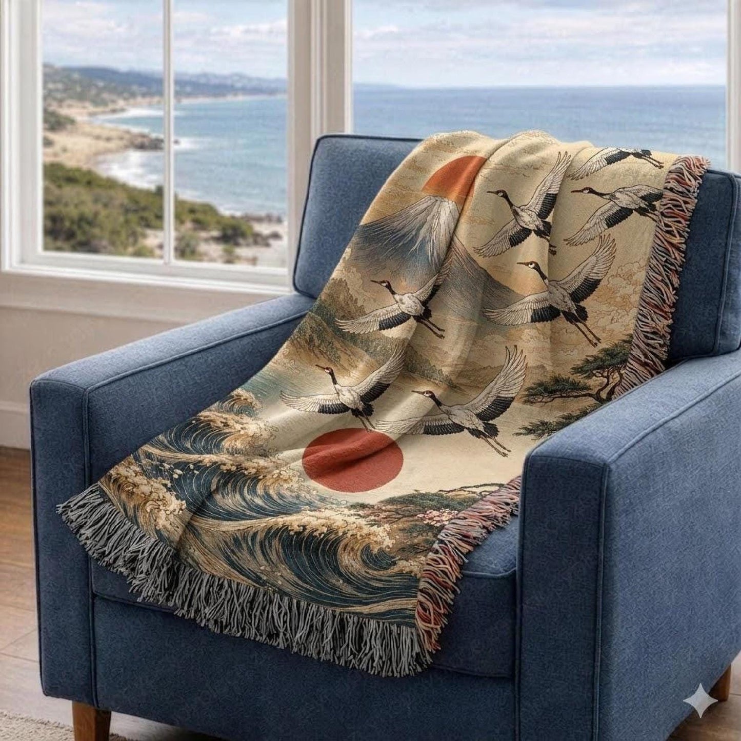Modern Geometric woven blanket with geometric pattern styled for layered home decor