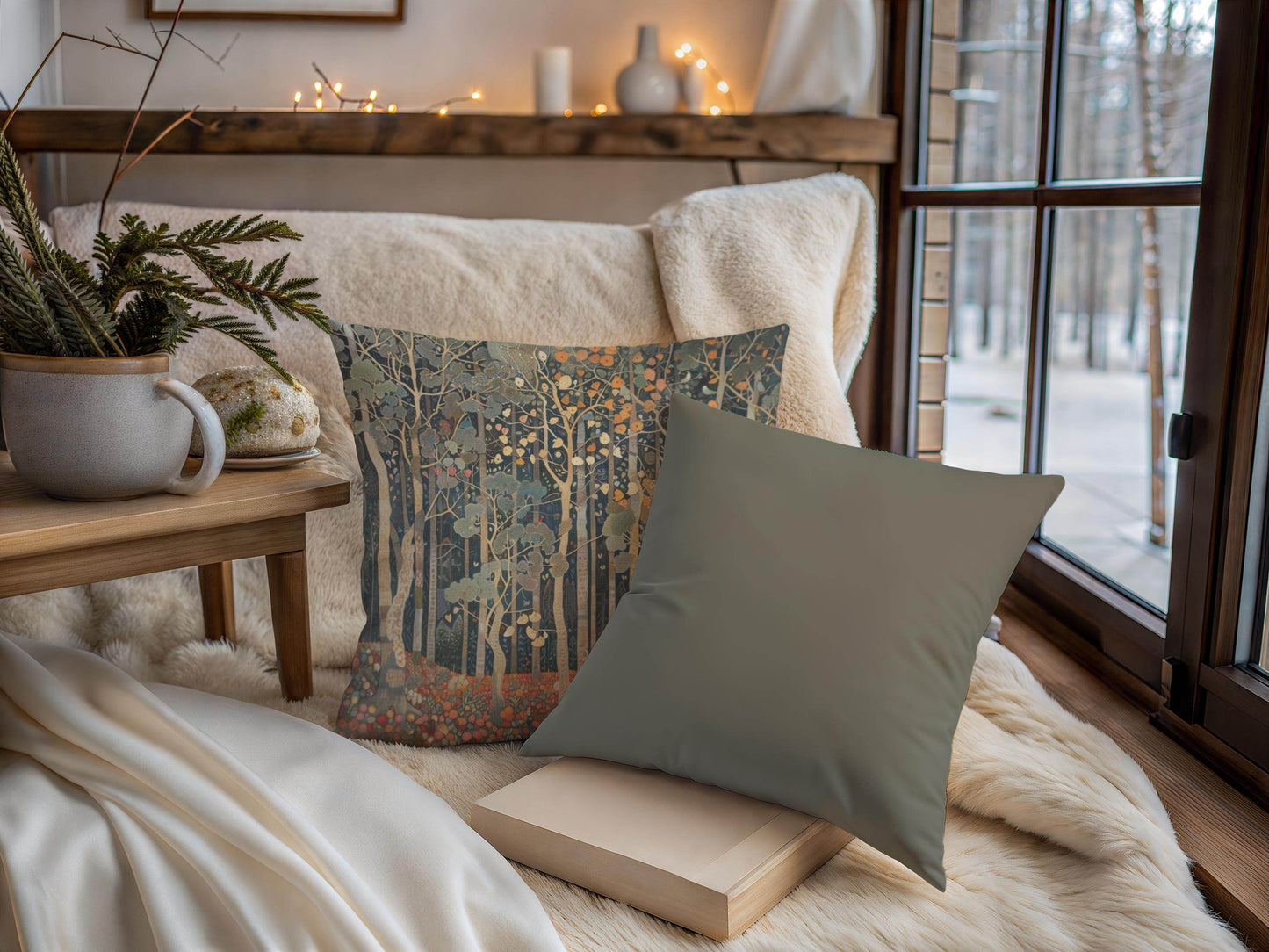 Art Deco Cushion - Retro Style Pillow with Forest Design | Woven Cotton 18x18 - timelessbohochic.com