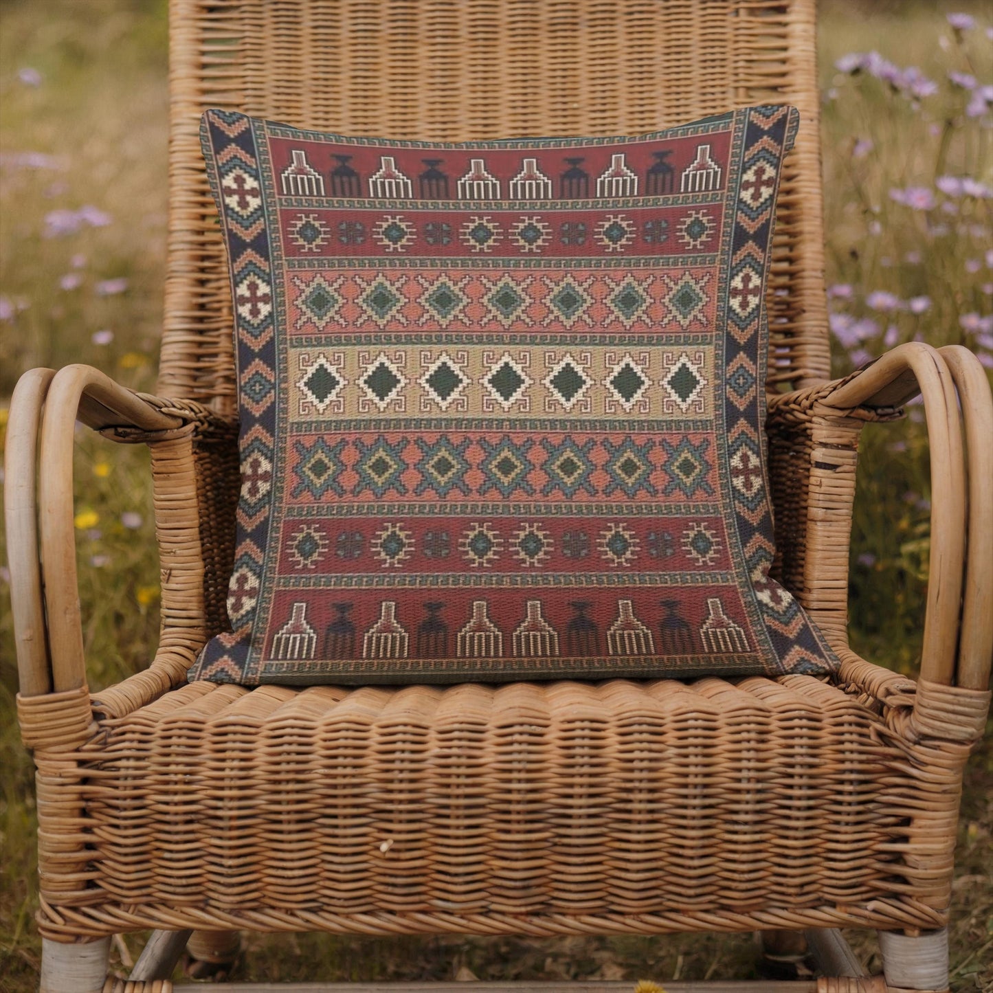 Anatolian Inspired pillow cover with rug-style pattern styled on a sofa or bed