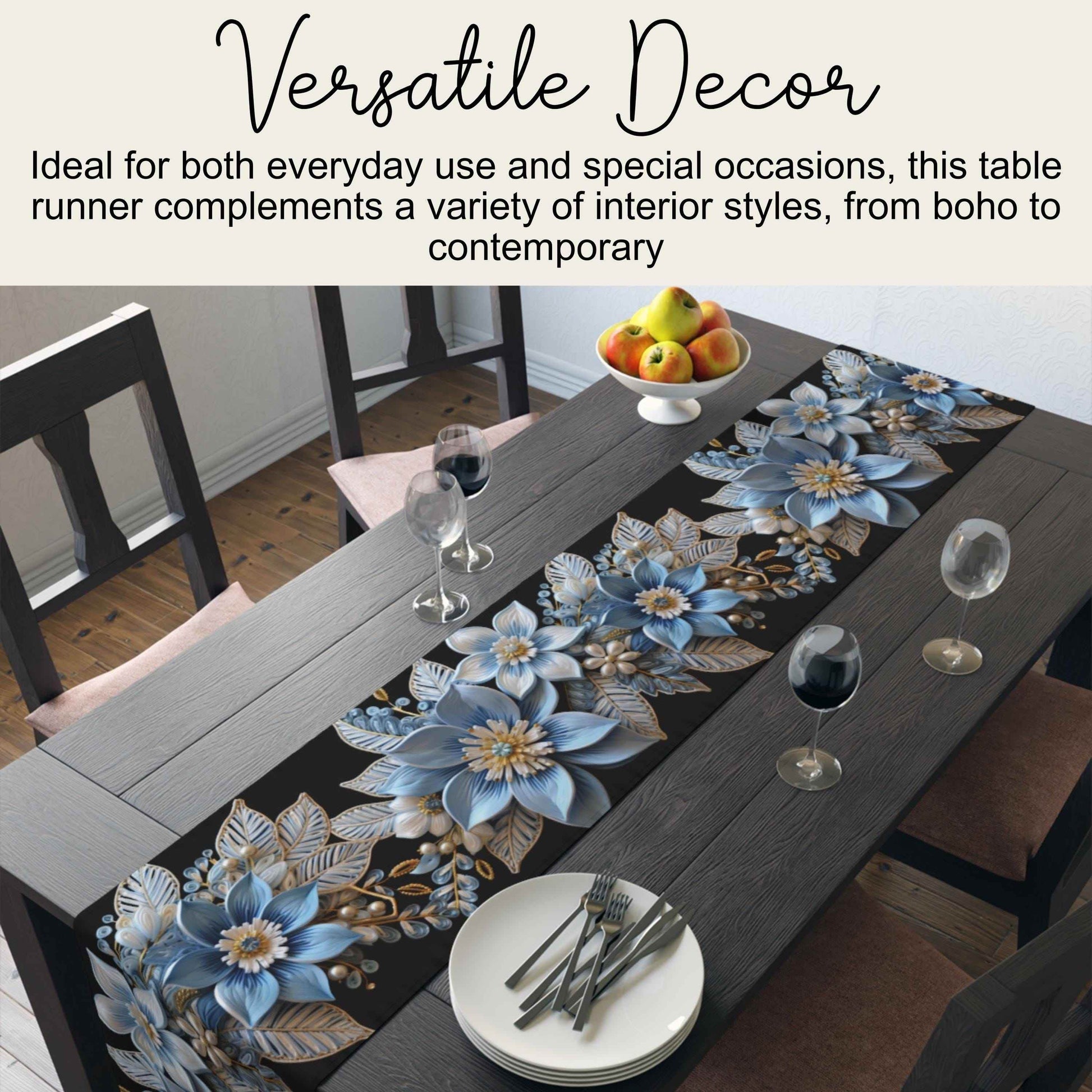 Poinsettia Table Runner - Baby Blue & Gold Holiday Table Decor | Soft Fabric, Hemmed Edge - timelessbohochic.com