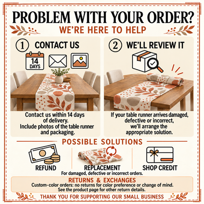 Order problem card: contact us within 14 days with photos for a refund, replacement or shop credit