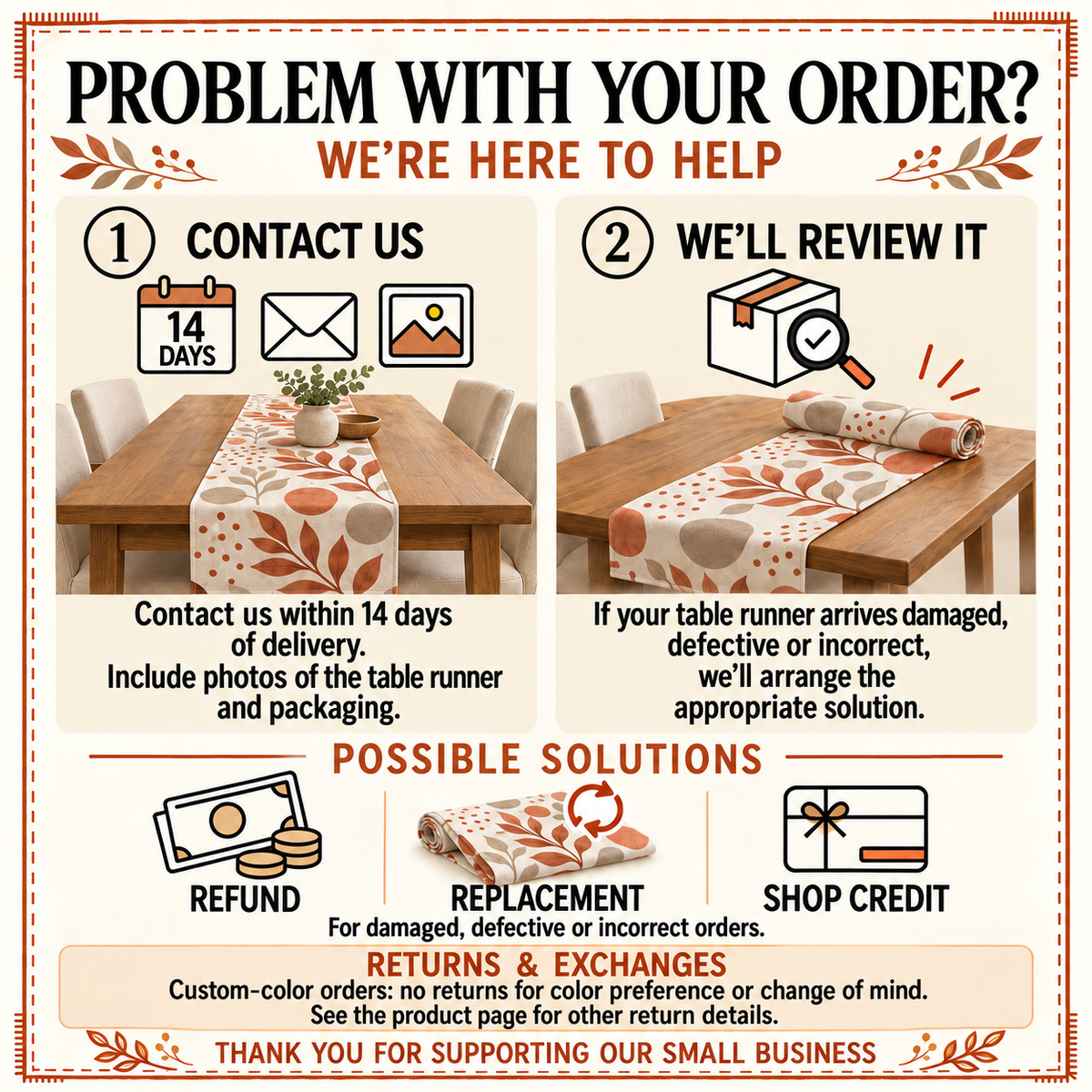 Order problem card: contact us within 14 days with photos for a refund, replacement or shop credit