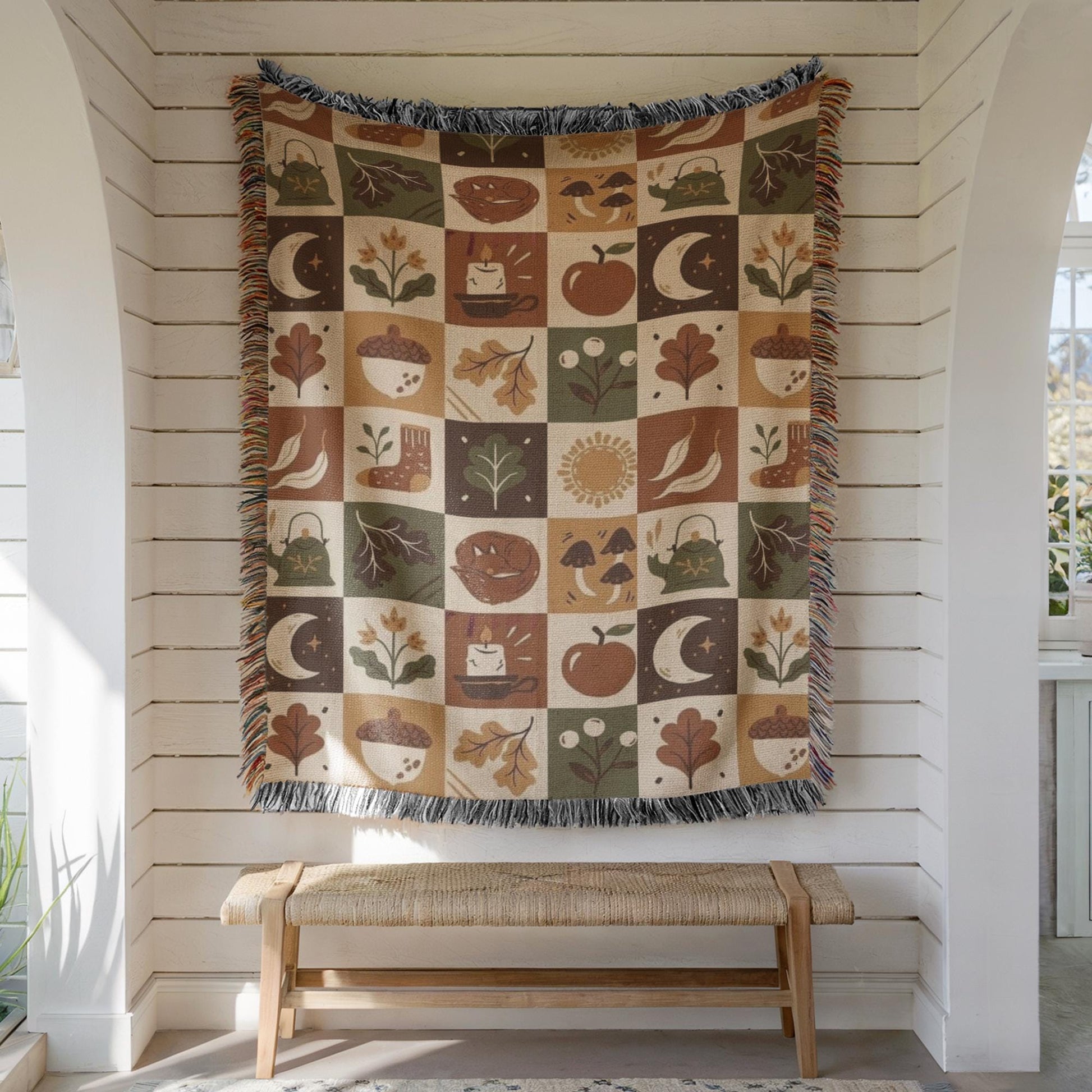 Fall Woven Blanket - Cozy Patchwork Throw with Colorful Fringed Edges, Autumn Bedding Quilt