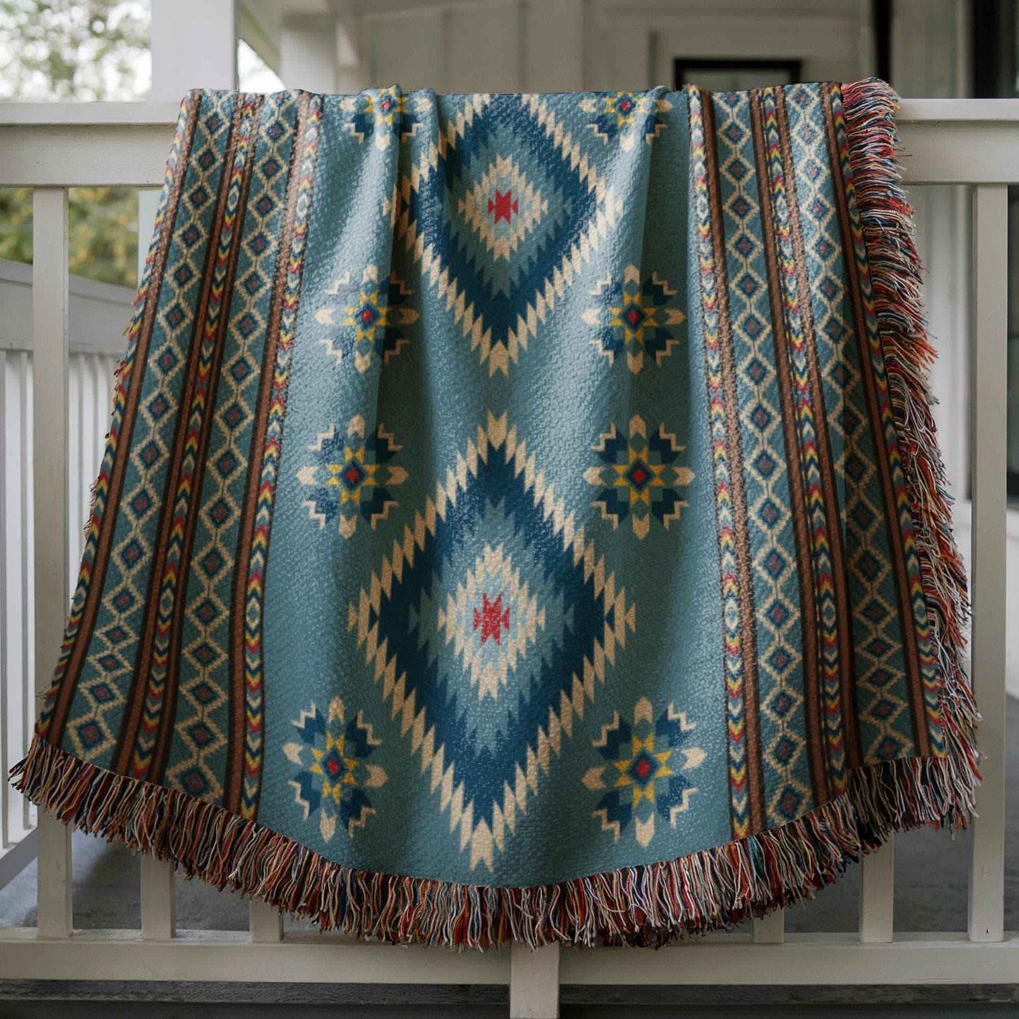 Southwestern outdoor woven throw blanket with geometric pattern for patio styling