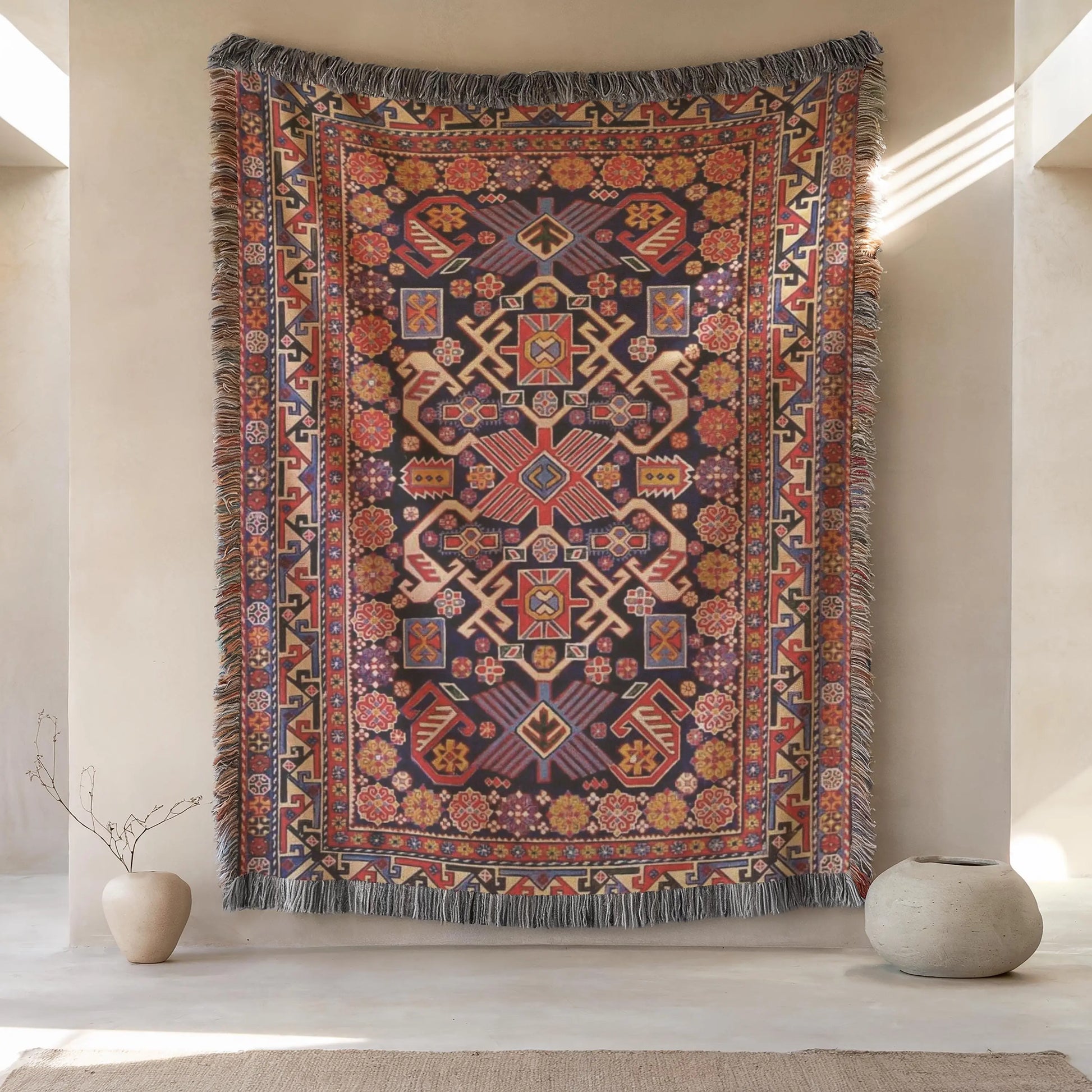 Woven Wall Hanging - Turkish Rug Tapestry With Colorful Fringed Cotton Textile