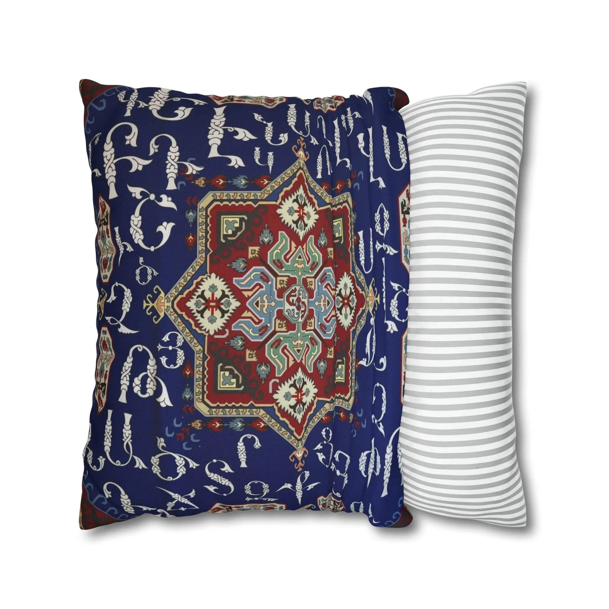 Boho Pillow Cover - Blue White Armenian Alphabet Square Decorative Throw Cushion