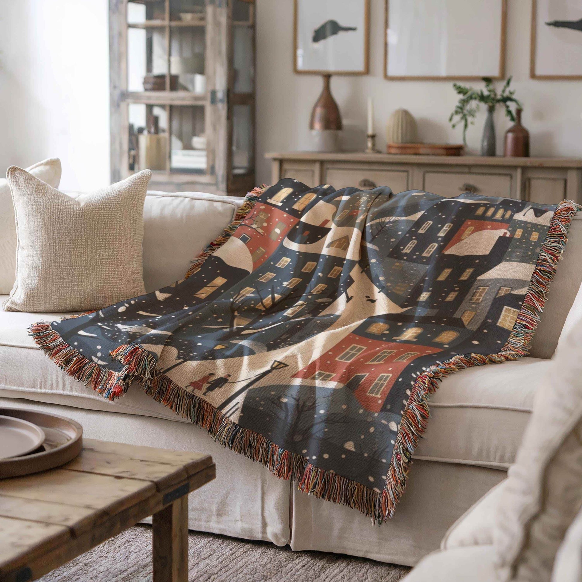 Christmas Village Throw Blanket - Cozy Cotton Holiday Throw With Fringed Edge - timelessbohochic.com