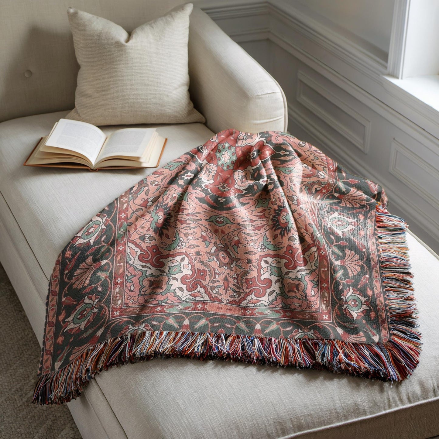 Anatolian Inspired woven blanket with rug-style pattern styled for layered home decor
