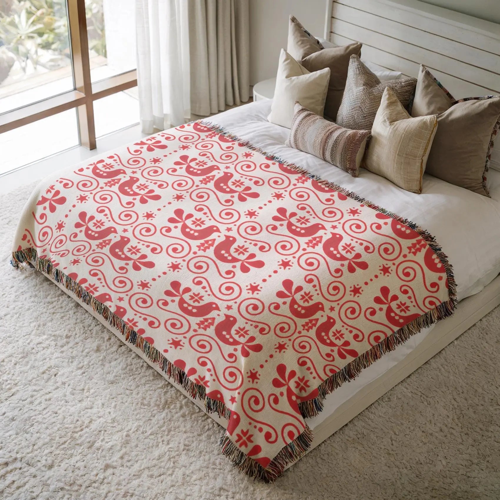 Woven Cotton Blanket – Scandinavian Decor Soft Cotton Throw Blanket With Bird Motif