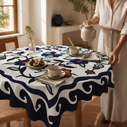 Navy bordered Armenian tablecloth in use, a person setting a jug and bowls on the table