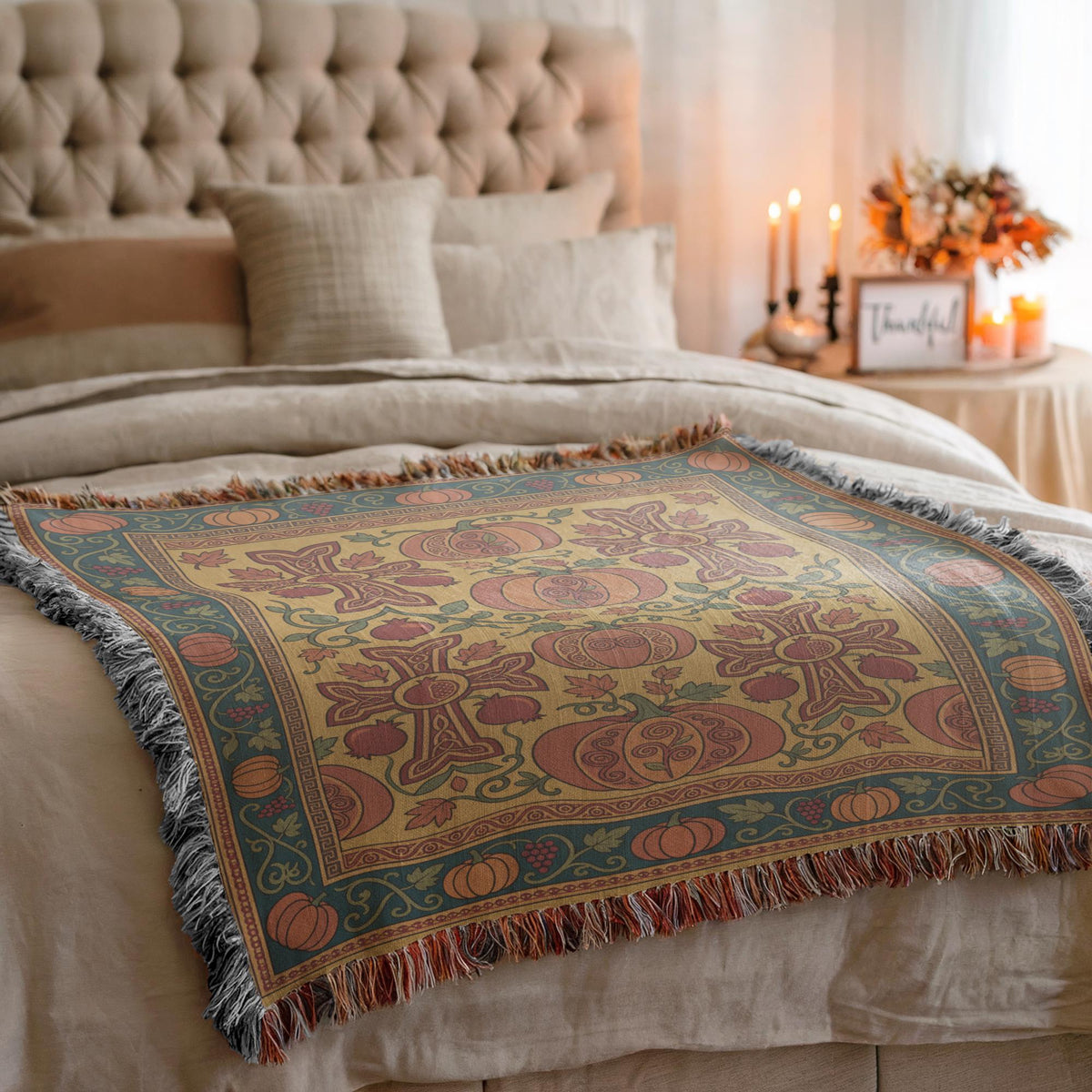 Gold and teal Armenian Ghapama woven blanket layered across a bed