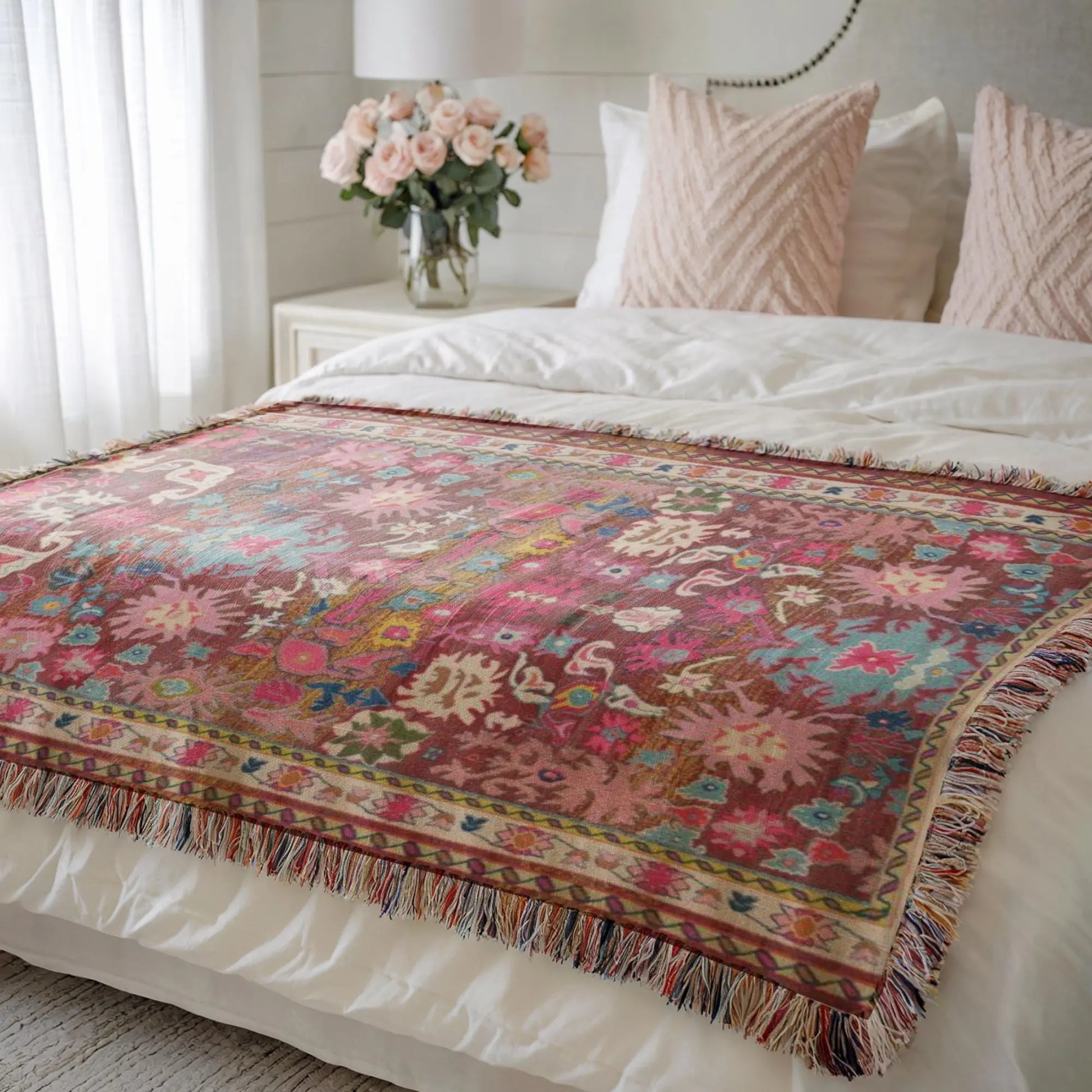 Persian Rug Throw Blanket - Woven Cotton Cozy Living Room Blanket with Colorful Fringed Edges