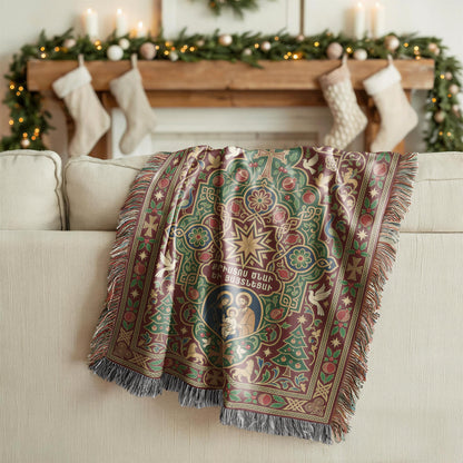 Armenian Nativity star and dove woven blanket shown in a festive living room with stockings and lights