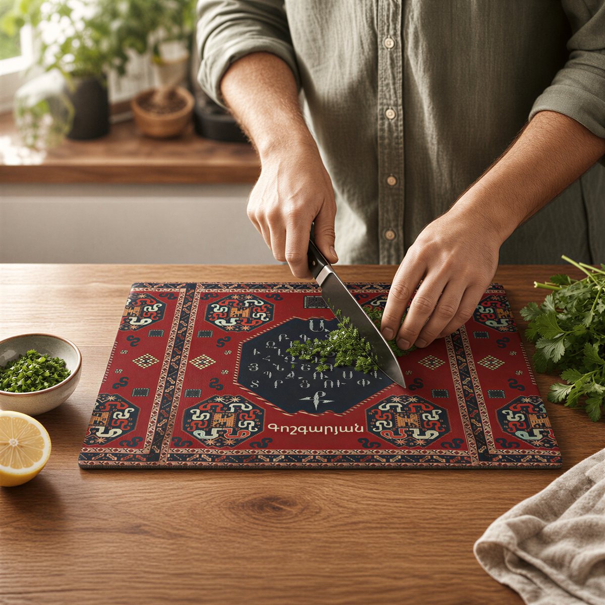 Armenian family name glass cutting board, a cook chopping herbs on the red carpet design