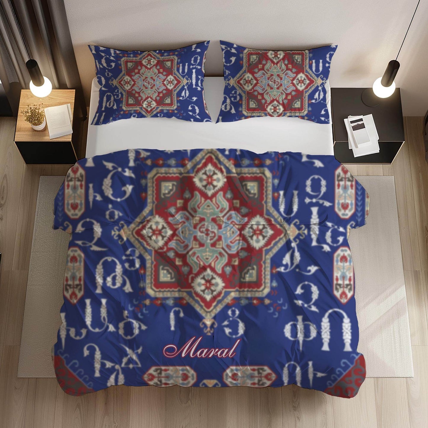Armenian Alphabet Duvet - Personalized Ethnic Bedding Set with Haykakan Pattern & Custom Pillowcases - timelessbohochic.com