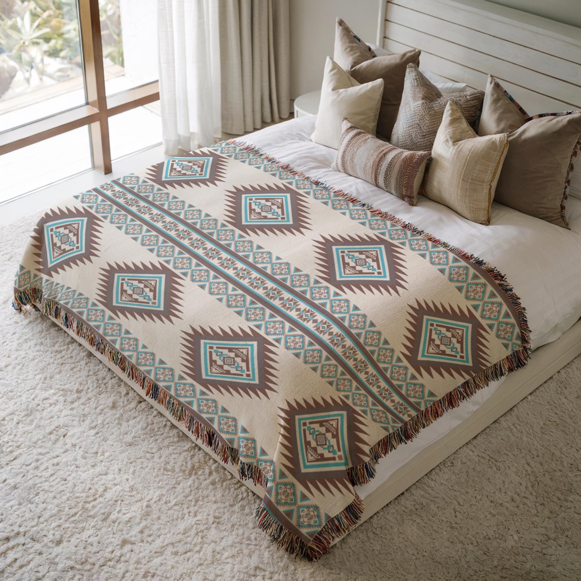 a cozy bedroom scene with a large bed covered in a patterned blanket and pillows. The bed is positioned against a wall with a window, and the room has a white carpet.