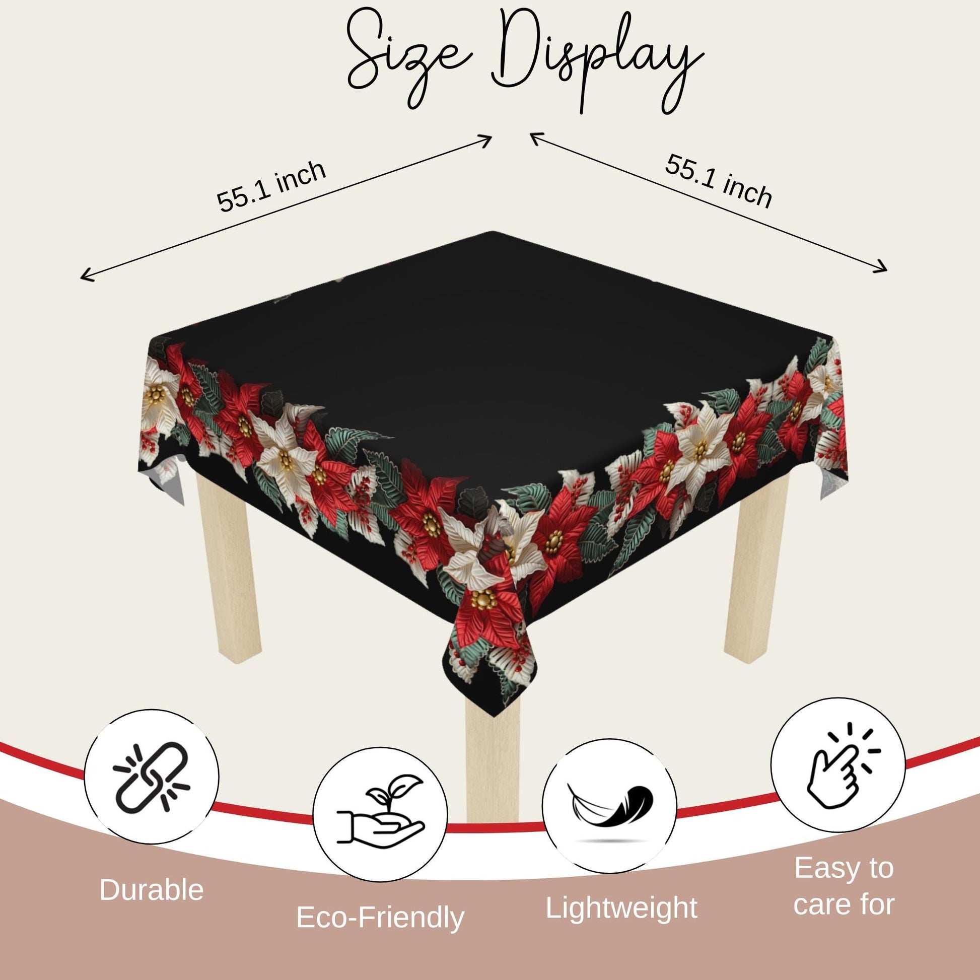 Holiday Tablecloth – Classic Christmas Linen with Poinsettia Pattern, Durable Polyester Fabric