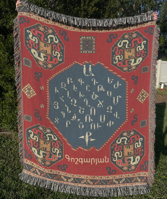 Armenian Alphabet Blanket - Woven Throw Blanket with Fringed Edges, Soft Cotton