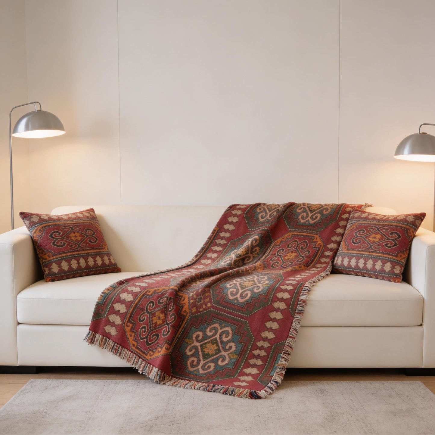 Caucasian Rug Inspired woven blanket with geometric pattern styled for layered home decor