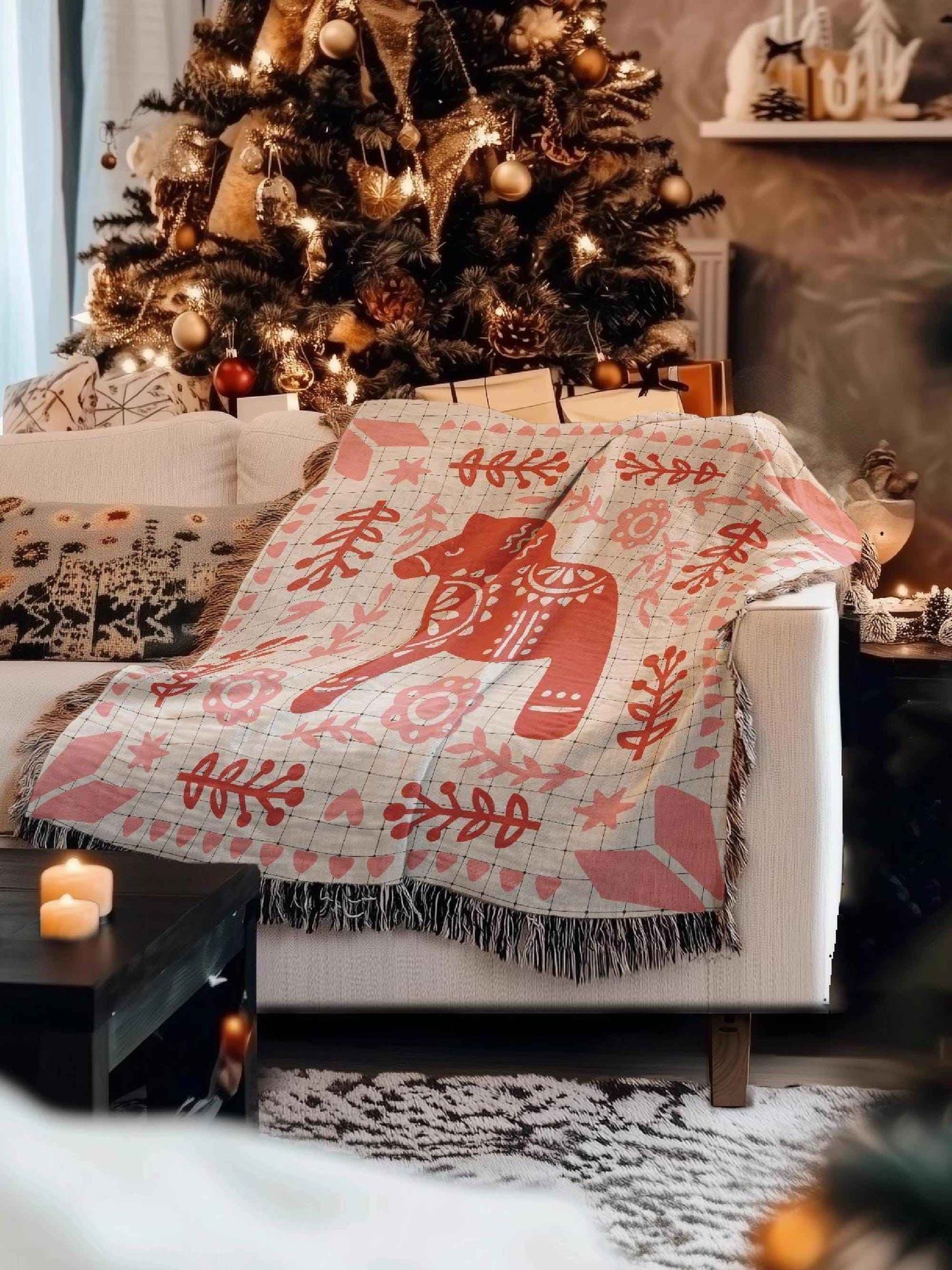 Scandinavian Inspired woven blanket with woven pattern styled for layered home decor