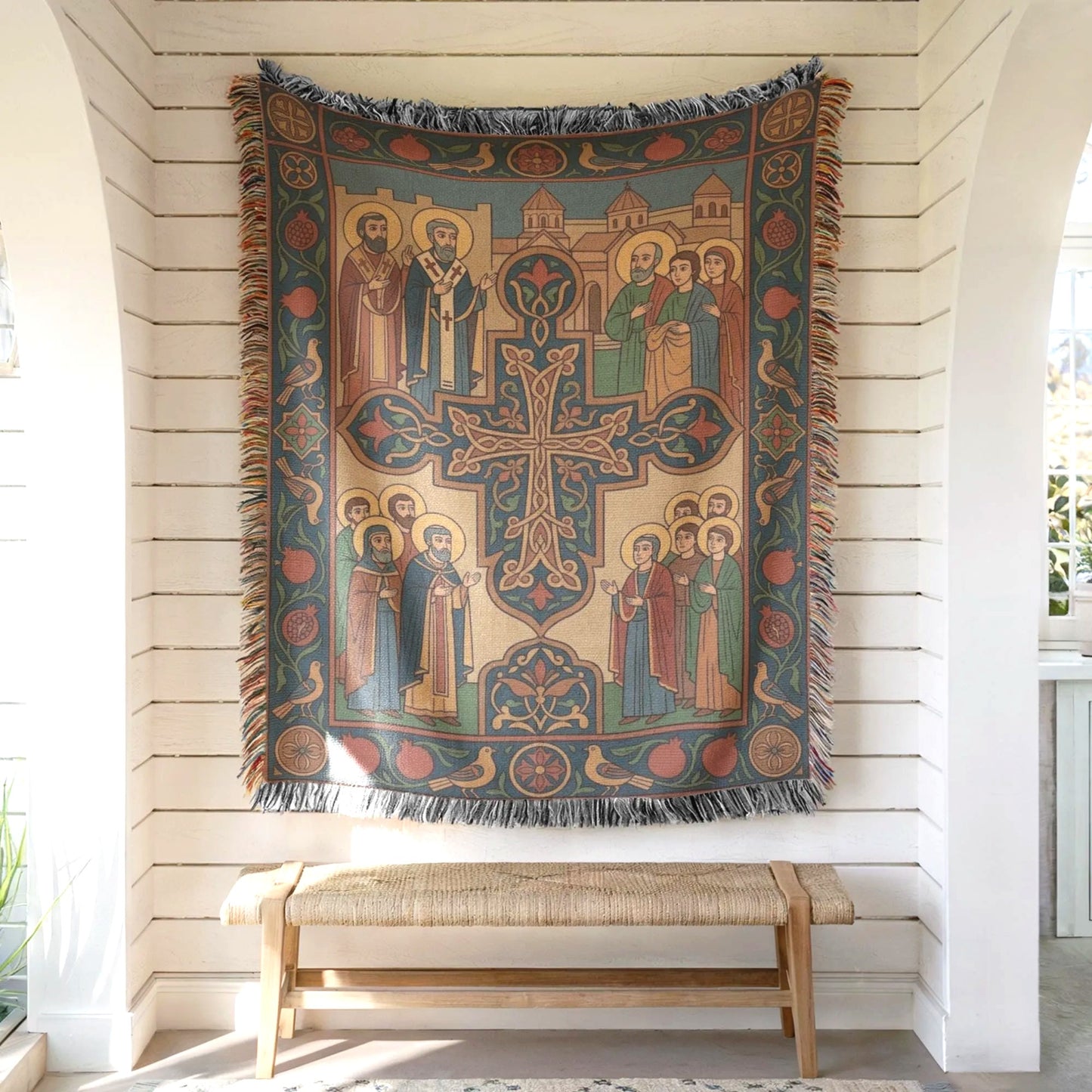 Armenian cross tapestry on white shiplap wall, rich burgundy and teal, styled as Armenian Christian wall decor